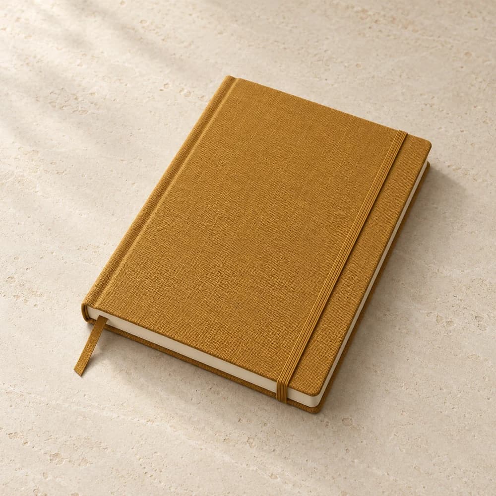 Geschlossenes Notizbuch mit ockerfarbenem Leineneinband und Gummiband.